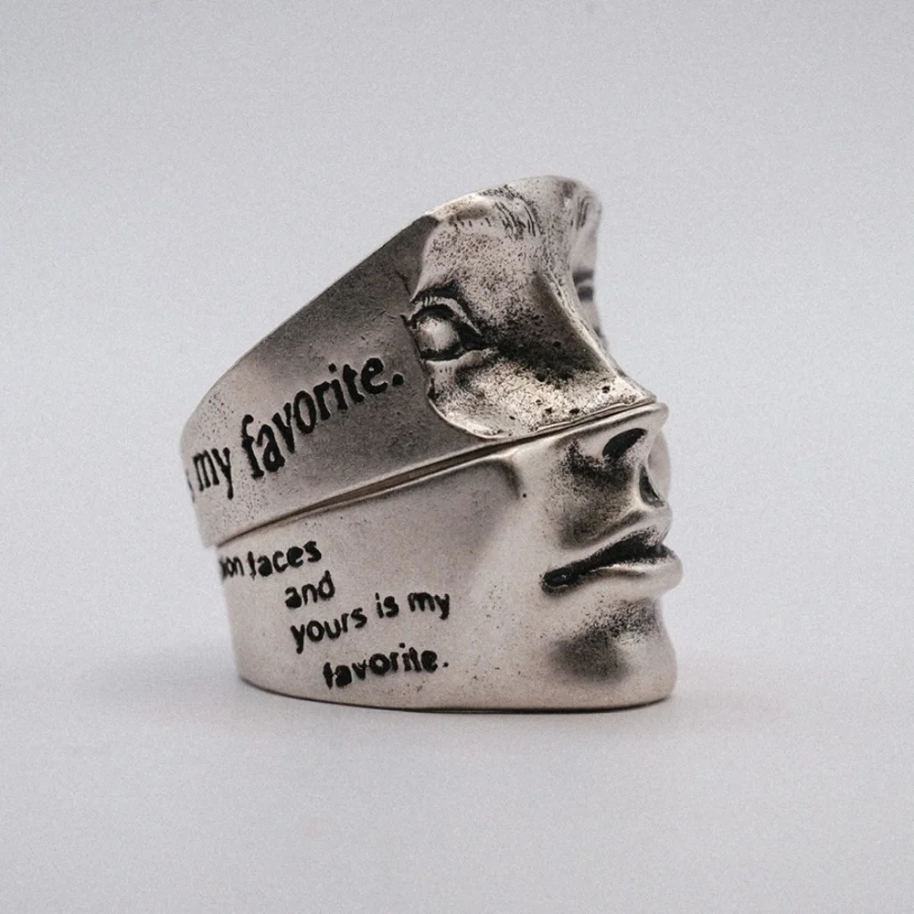 Sterling Silver Sculpted Face Ring - Silver